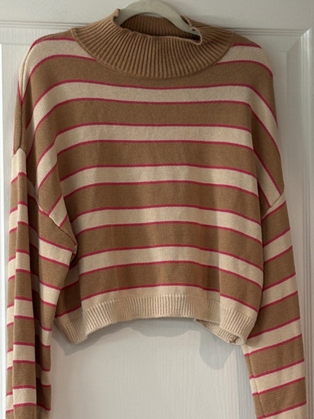 Cropped Striped Turtleneck Sweater in Camel, Cream & Pink